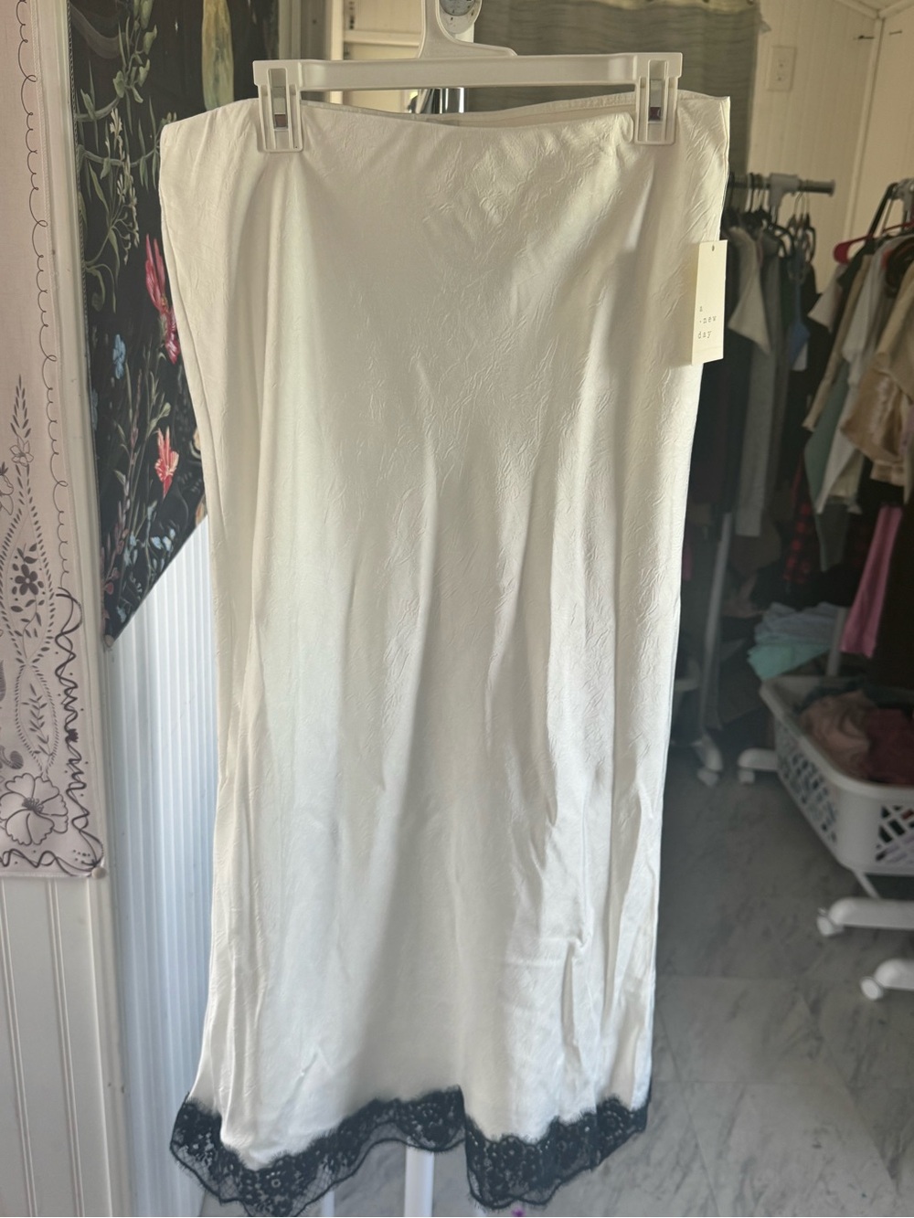 A new day Silk Slip Skirt with Black Lace Trim - Ivory